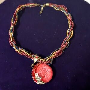 Vintage red stone, rhinestones and beads necklace NWOT